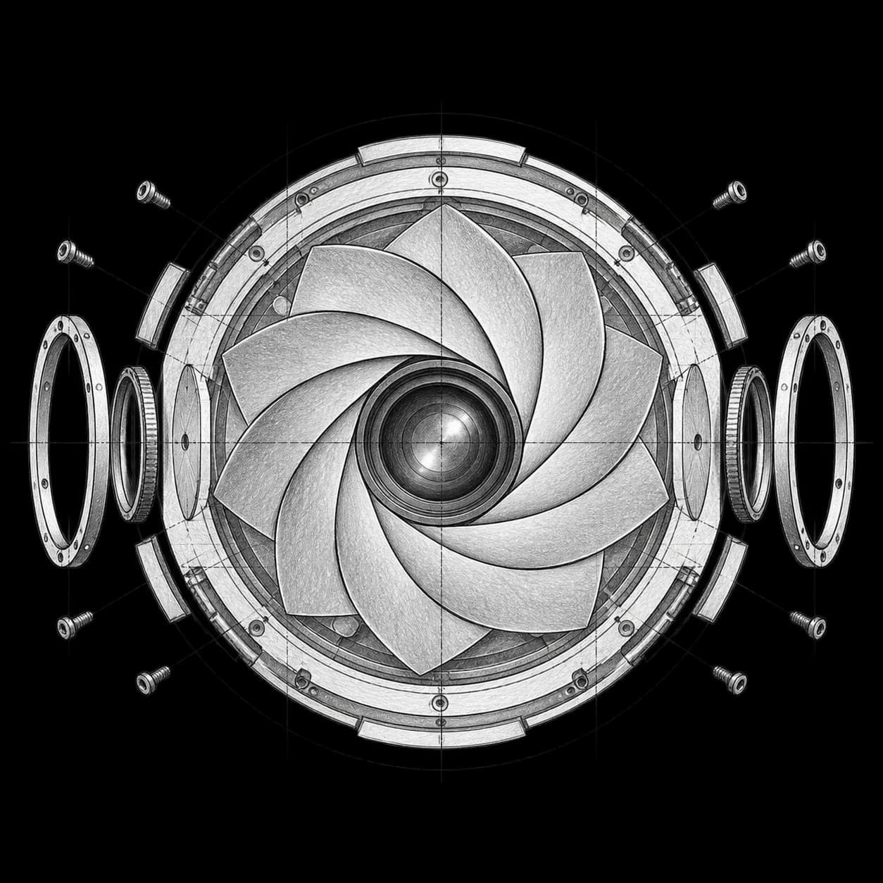 Exploded pencil drawing of a camera lens.