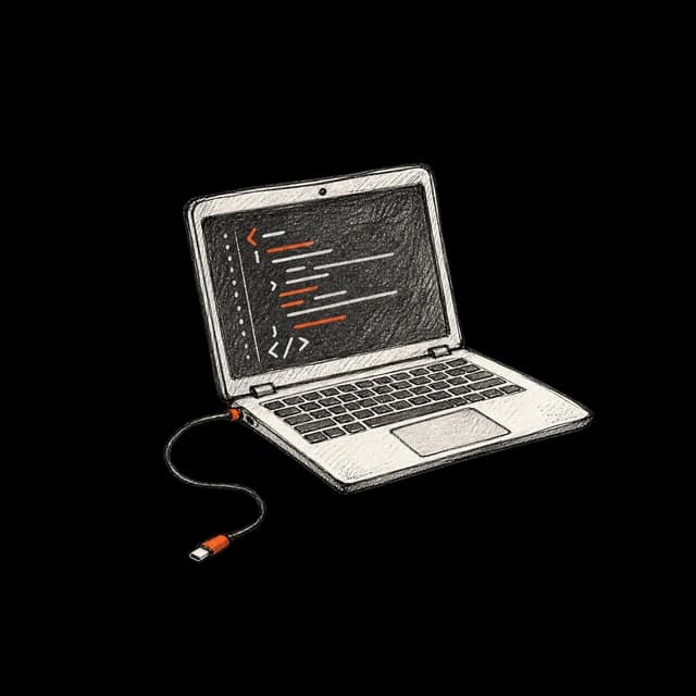 Hand-drawn laptop with orange code and a curling cable.